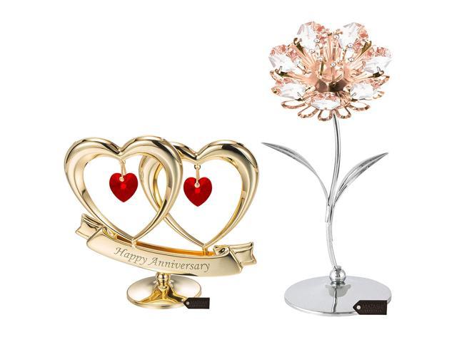 Matashi 24K Gold Plated Double Heart Happy Anniversary Banner Ornament Cake Topper for Loved One w/ Chrome and Rose Gold Plated Sunflower Figurine