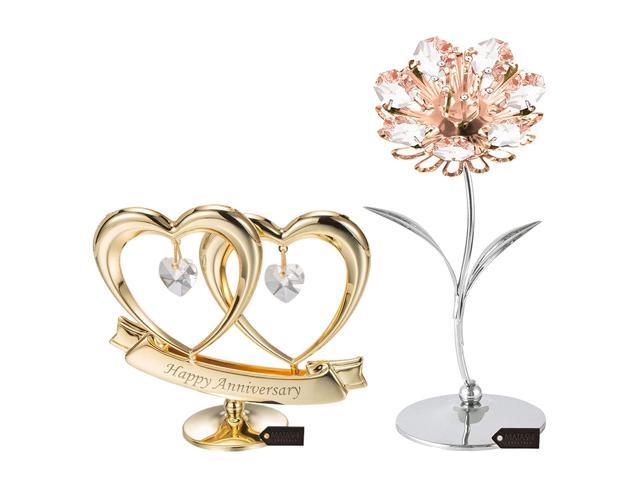 Matashi 24K Gold Plated Double Heart Happy Anniversary Banner Ornament Cake Topper for Loved One w/ Chrome & Rose Gold Plated Sunflower Figurine