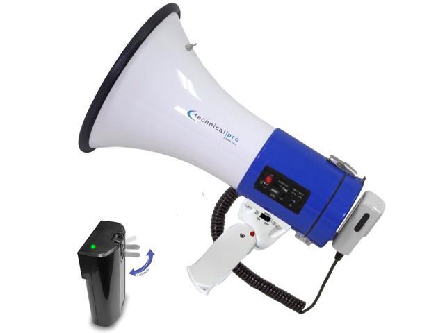 Technical Pro Portable 50-Watt Megaphone Bullhorn Speaker w/ Siren & Detachable Microphone - Rechargeable Megaphone Battery w/ a Built-In AC Wall