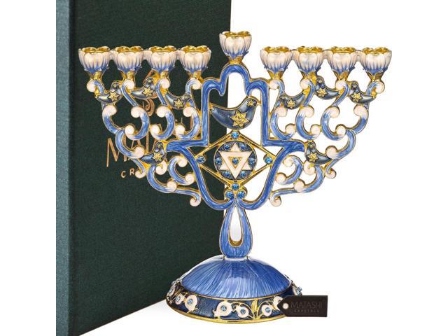Matashi Hand Painted Enamel Menorah Candelabra with Hamsa & Doves Design Embellished with Gold Accents and High Quality Crystals
