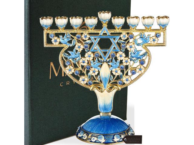 Matashi Hand Painted Enamel Menorah Candelabra with Doves & Flowers Design Embellished with Gold Accents