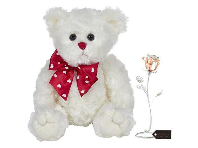 Lovable Mother's Day Gift Bearington Lil' Plush Stuffed Animal Teddy Bear White 11' Chrome and Rose-Gold Plated Long-Stem Rose Flower Tabletop