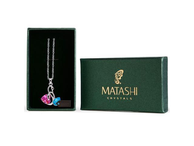Matashi Rhodium Plated Necklace with Loving Swans Design with a 16' Extendable Chain and High Quality Rose and Ocean Blue Crystals