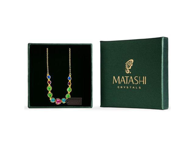 Champagne Gold Plated Necklace with String of Hearts Design with 14' Extendable Chain and High Quality Multicolored Crystals by Matashi