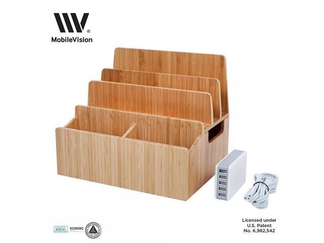 MobileVision Bamboo Charging Station Stand & Multi Device Organizer Charging Dock w/ Extension Compartments for Desktop Storage use w/