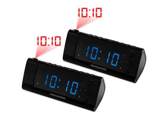 Magnasonic USB Charging Alarm Clock Radio with Time Projection Battery Backup Auto Time Set Dual Alarm 12' LED Display for Smartphones & 