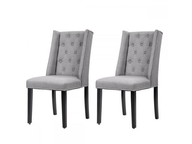 Set of 2 Grey Elegant Dining Side Chairs Button Tufted Fabric w/ Nailhead 8FH