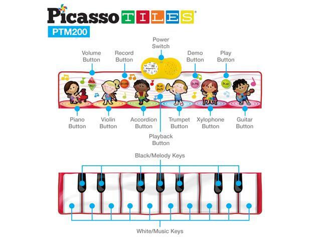 PicassoTiles Portable Large Piano Keyboard Play Mat Floor Educational Music Playmat w/ 17-Key 6 Different Style Musical Instruments 7 Demo Songs