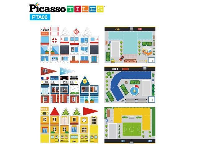 PicassoTiles 3-in-1 Theme 80pc School Hospital Police Station Magnet Self Adhesive Backing Stick-On Puzzle Graphic Kit and Overlay Maps for