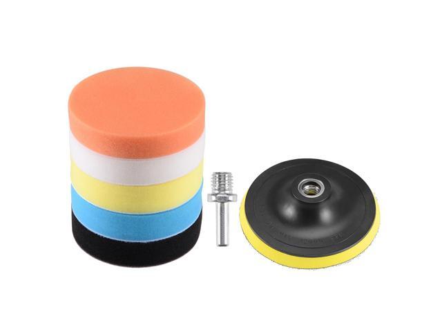 5' Car Foam Drill Polishing Pad Kit 5pcs Flat Sponge Pads 1pcs Hook and Loop Backing Pad with M14 Drill Adapter for Auto Boat