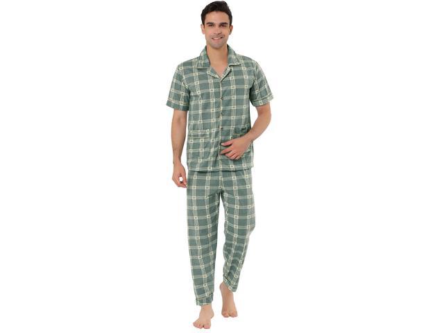 Men's Summer Nightwear Top and Pants Checks Short Sleeve Button Down Sleepwears Plaids Pajama Set XX-Large Dark Gray