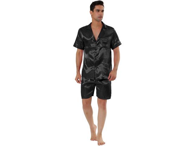 Men's Summer Satin Pajama Sets Short Sleeve Nightwear Top and Pants Loungewear Soft Sleepwears Large Black