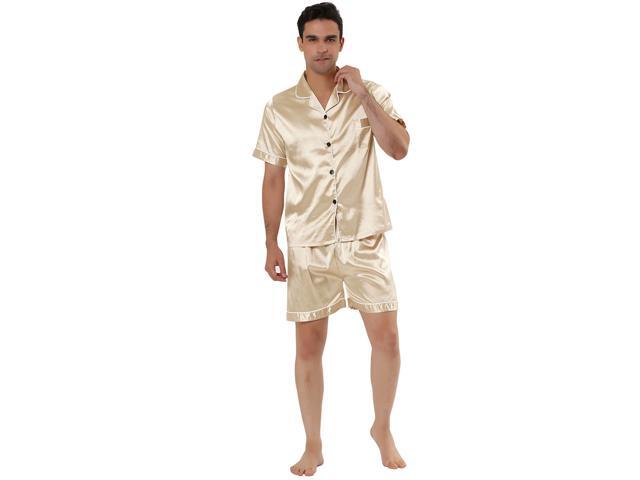 Men's Nightwear Short Sleeve Top and Pants Summer Sleepwears Satin Pajama Sets X-Large Yellow