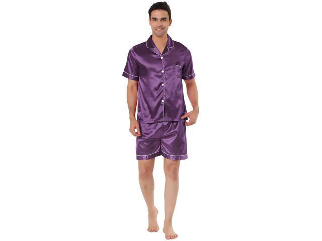 Men's Nightwear Short Sleeve Top and Pants Summer Sleepwears Satin Pajama Sets Medium Purple