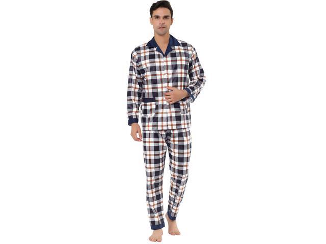 Men's Spring Sleepwears Nightwear Top and Pants Loungewear Classic Long Sleeve Button Down Plaid Pajama Set Large White