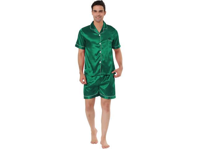 Men's Nightwear Short Sleeve Top and Pants Summer Sleepwears Satin Pajama Sets Large Green