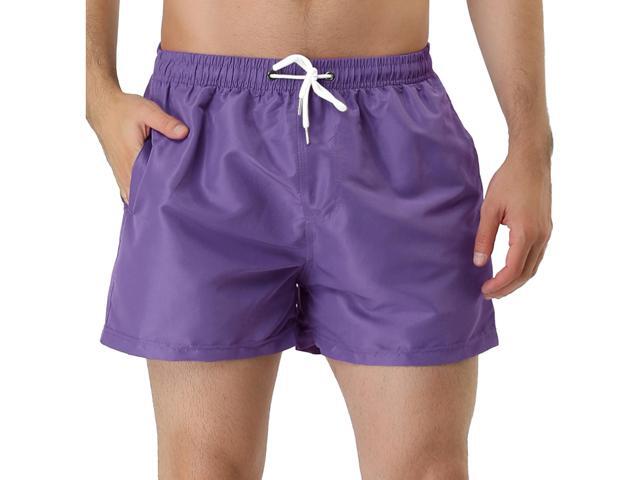 Men's Summer Drawstring Waist Solid Color Mesh Lining Swimming Board Shorts 36 Purple