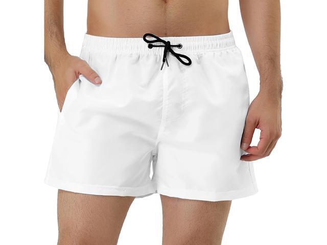 Men's Summer Drawstring Waist Solid Color Mesh Lining Swimming Board Shorts 30 White