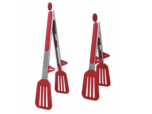 Kitchen Tong Set for Cooking Silicone Stainless Steel Tongs with Stands Toaster Serving Non-stick Locking Tong Burgundy 2Pcs