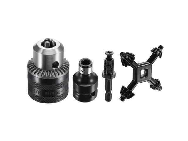 Drill Chuck 15-10mm Capacity 3/8-24UNF Thread with Hex Shank Adapter 4 in 1 Chuck Key 1/2' Socket Square Converter for Electric Impact Drill