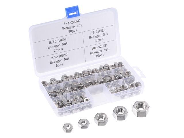 Hex Nuts - 180Pcs 5-Size Carbon Steel Hexagon Nut Assortment Kit for Screw Bolt Size: 1/4-20 to 10 32