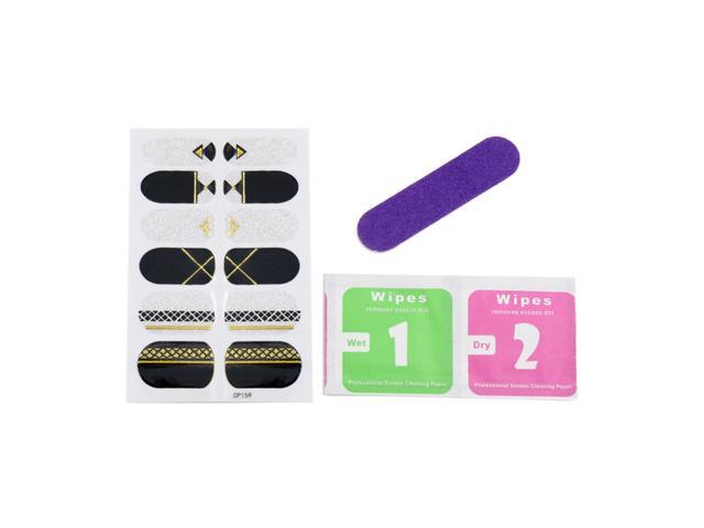 5 Sets Black Silver Tone Shiny Adhesive Full Nail Stickers DIY Nails Art Design Tips Decals