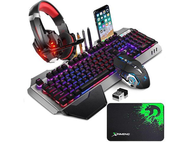Wireless Gaming Keyboard Mouse and Wired Gaming Headset Combo Rainbow Backlit Rechargeable Metal Mechanical Feel Keyboard for Laptop PC Gamer