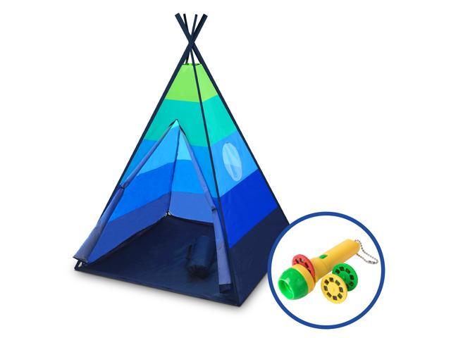 Kids Teepee Tent for Girls or Boys - Indoor Outdoor Beach Play Tent Collapsible Baby Toddler Tent w/ Safari Flashlight Projector & Tote (Blue)
