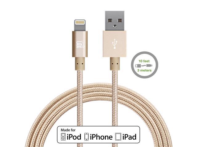 LAX Apple MFi Certified Lightning to USB Durable Braided Nylon Cable Feet for iPhone 8/8+/X/XR/XS/XS Max and iPad Air - 10 Feet (Gold)