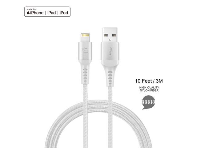 LAX Apple MFi Certified Lightning to USB Durable Braided Nylon Cable Feet for iPhone 8/8+/X/XR/XS/XS Max and iPad Air - 10 Feet (Silver)