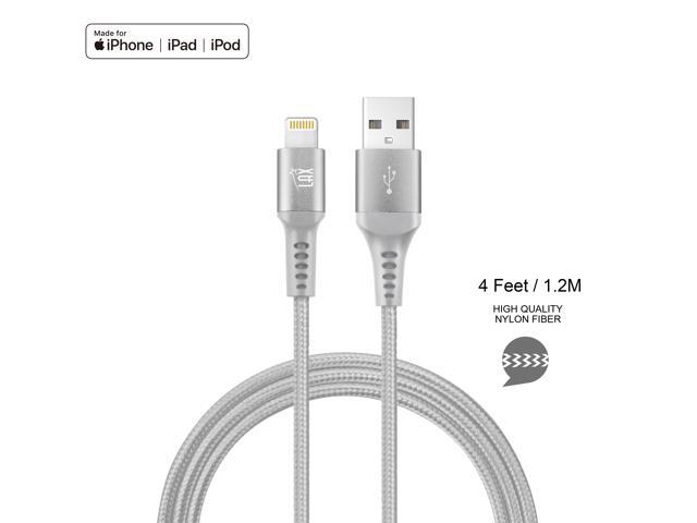 LAX Apple MFi Certified Lightning to USB Durable Braided Nylon Cable Feet for iPhone 8/8+/X/XR/XS/XS Max and iPad Air - 4 Feet (Grey)
