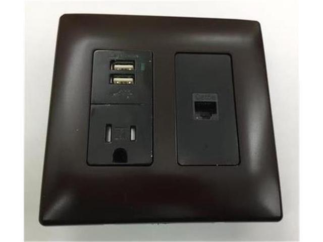 Screwless Wall Plate Charging Station Brown & Black 1-110v Power Outlet 2-USB Charging Ports 1-RJ45 Cat 5 Certicable