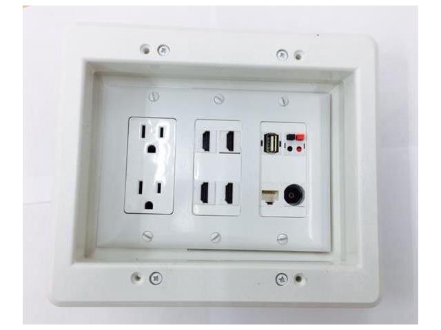 CERTICABLE WHITE RECESSED WALL PLATE 2-110V POWER 1-CAT5 4-HDMI 1-TOSLINK 1- 2 BUTTON SPEAKER 1-USB