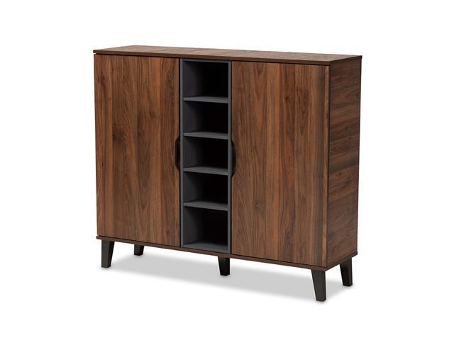 Baxton Studio Idina Mid-Century Modern Two-Tone Walnut Brown and Grey Finished Wood 2-Door Shoe Cabinet