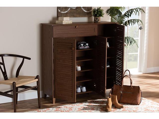 Baxton Studio Coolidge Modern and Contemporary Walnut Finished 11-Shelf Wood Shoe Storage Cabinet with Drawer