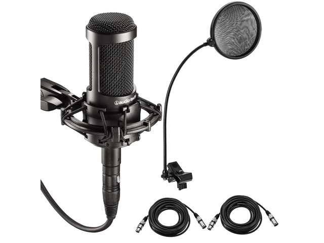 Audio-Technica AT2035 Cardioid Condenser Microphone Bundle With Boom Stand, Pop Filter, XLR Cable, Polishing Cloth (5 Items