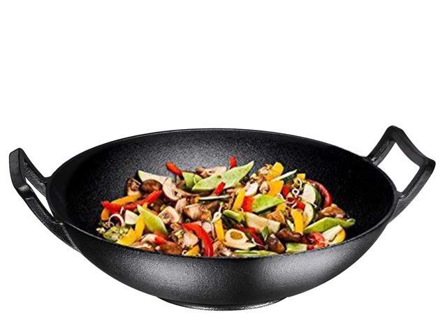 Bruntmor Pre-Seasoned Cast Iron Wok Black 14-inch w/Large Loop Handles & Flat Base (14' Wok)