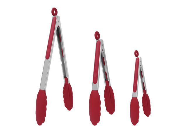 Kitchen Tongs for Cooking with Silicone Tip Stainless Steel Tongs Set Toaster Serving BBQ Non-stick Locking Tong Set of 3 - 7' & 9' & 12' Burgundy