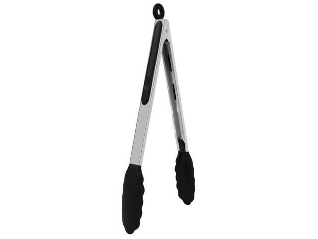Kitchen Tongs Stainless Steel BBQ Cooking Grilling Non-stick Locking Food Tongs with Silicone Tip Heat Resistant 12' Black