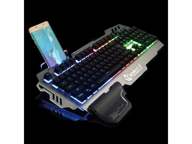 Gaming Keyboard 8 LED Backlit Modes with Phone Holder Mechanical Feeling 104 Keys Waterproof for PC Laptop (Not included Samsung)