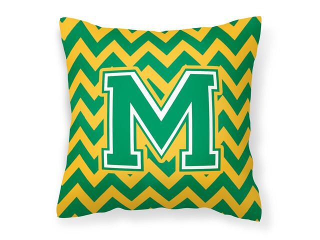 Letter M Chevron Green and Gold Fabric Decorative Pillow CJ1059-MPW1414