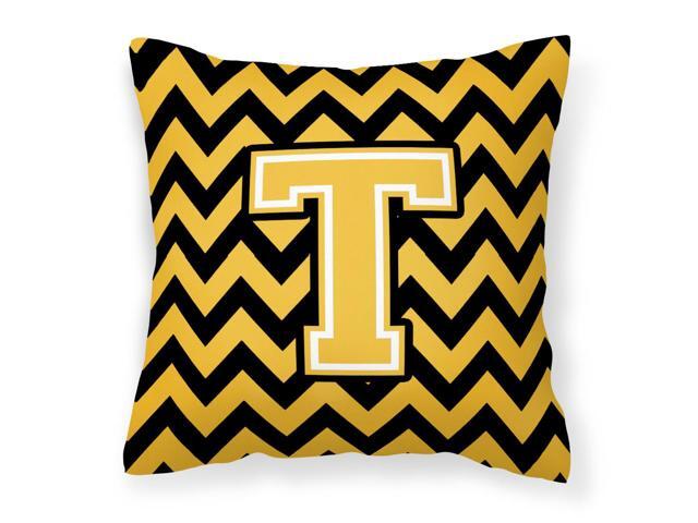 Letter T Chevron Black and Gold Fabric Decorative Pillow CJ1053-TPW1414
