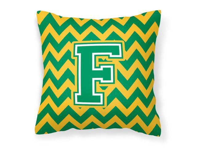 Letter F Chevron Green and Gold Fabric Decorative Pillow CJ1059-FPW1414