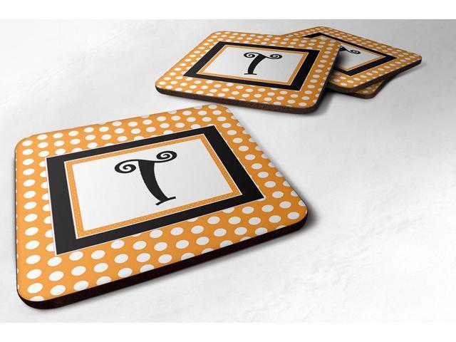 Set of 4 Monogram - Orange Polkadots Foam Coasters Initial Letter T