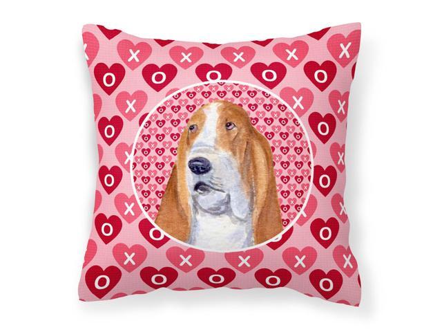 Basset Hound Hearts Love and Valentine's Day Portrait Fabric Decorative Pillow SS4528PW1414