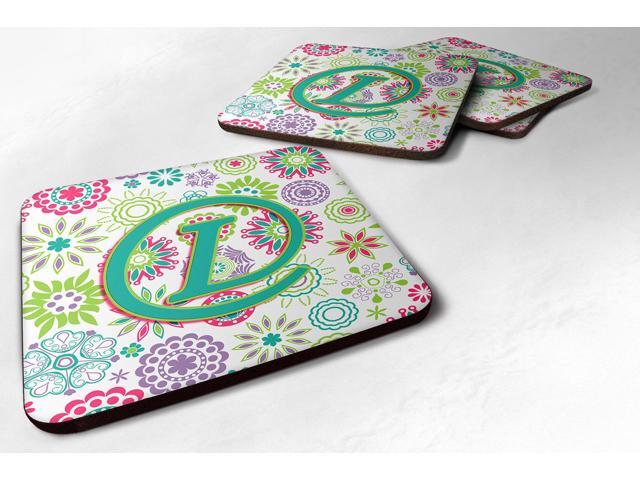 Set of 4 Letter L Flowers Pink Teal Green Initial Foam Coasters CJ2011-LFC