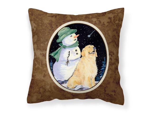 Golden Retriever with Snowman in Green Hat Decorative Canvas Fabric Pillow