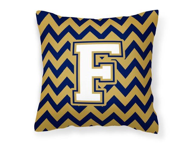 Letter F Chevron Navy Blue and Gold Fabric Decorative Pillow CJ1057-FPW1414