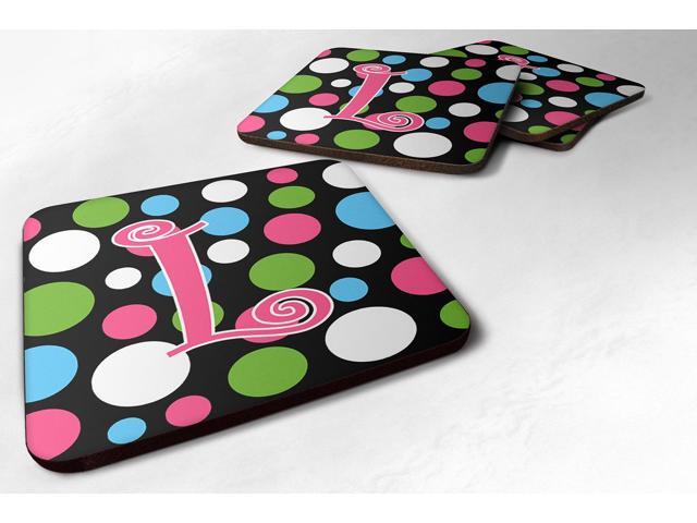 Set of 4 Monogram - Polkadots and Pink Foam Coasters Initial Letter L