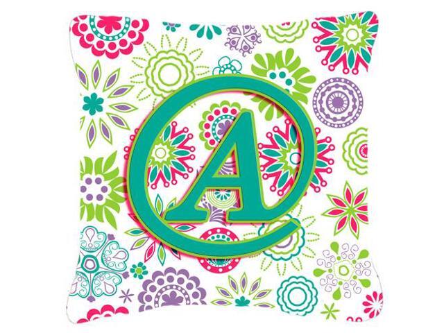 Letter A Flowers Pink Teal Green Initial Canvas Fabric Decorative Pillow CJ2011-APW1818